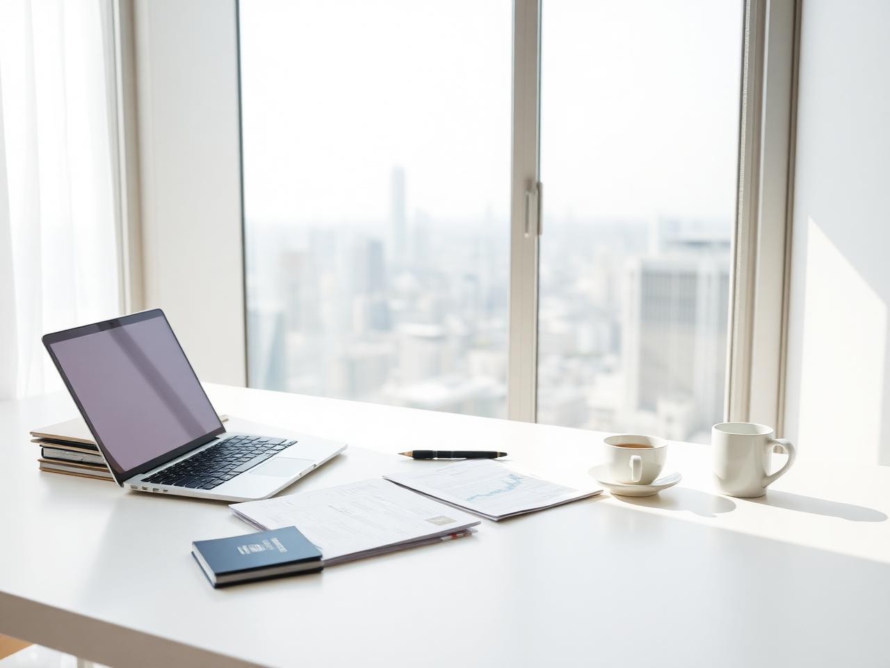 Bright Bangkok workspace with documents, laptop and passport