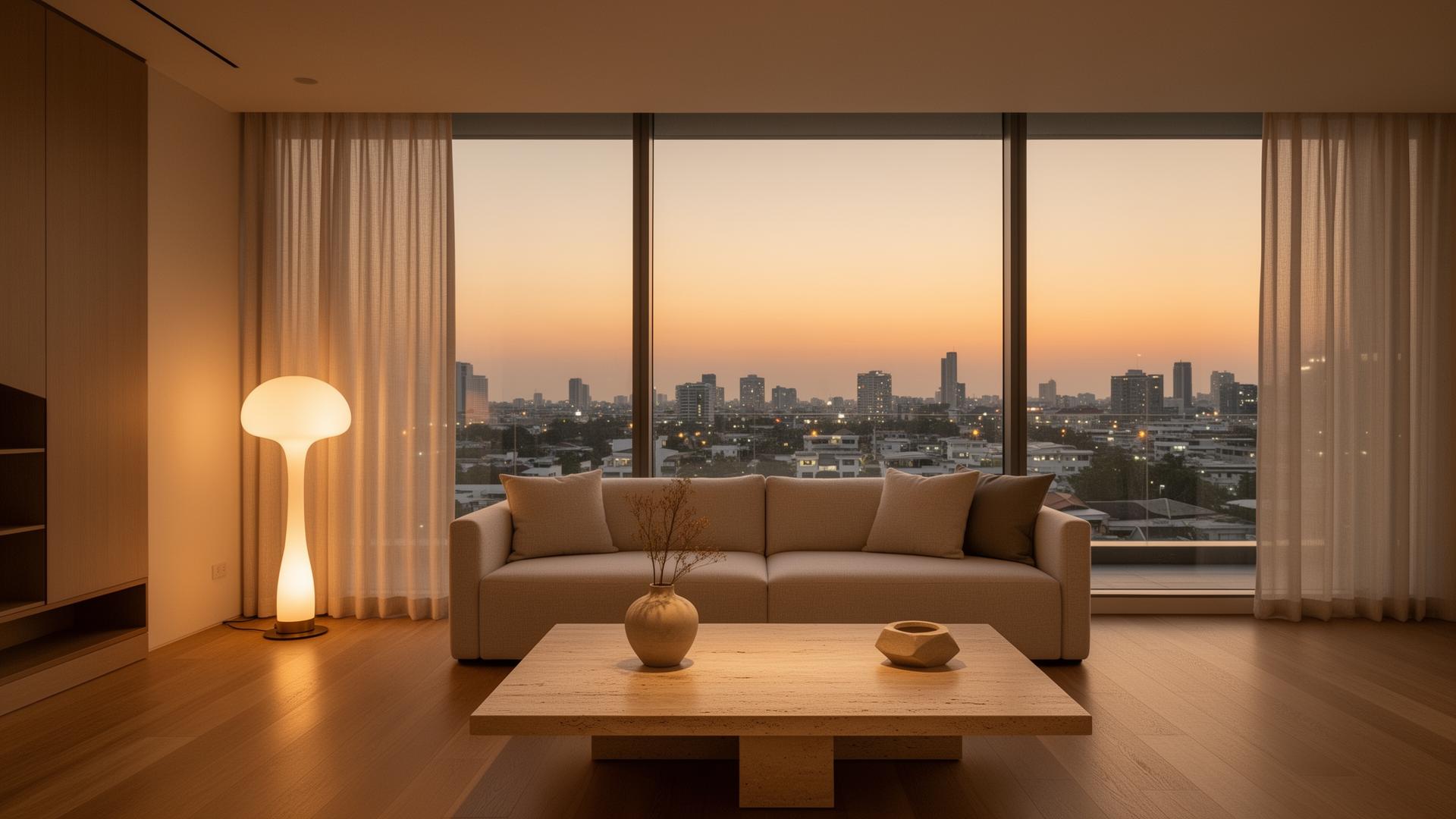 Modern Scandinavian-inspired Bangkok penthouse interior at golden hour with skyline view