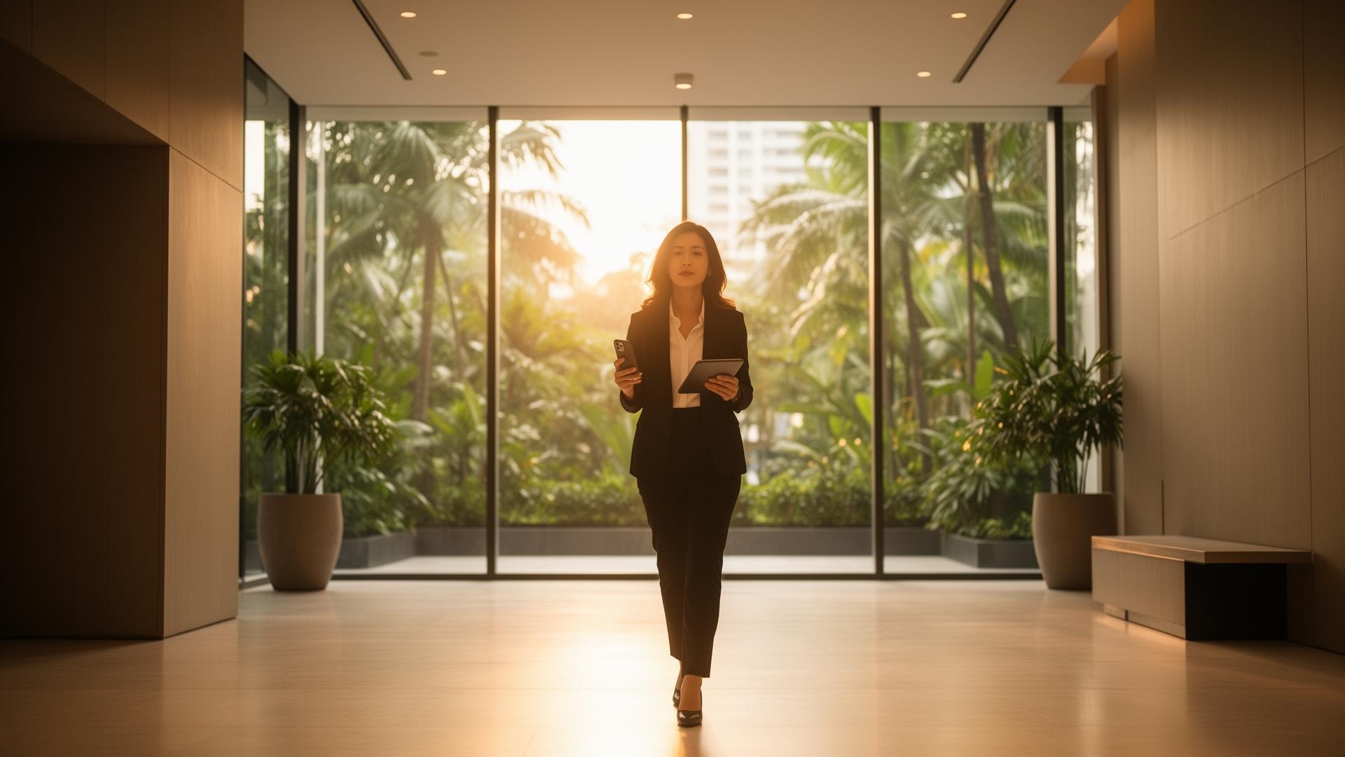 Independent real estate agent in a sunlit modern Bangkok condo lobby at golden hour