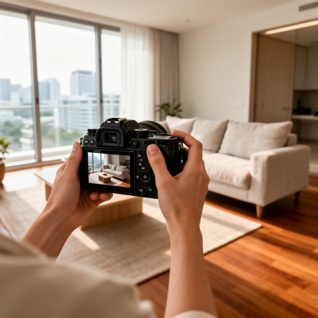 Agent photographing a modern Bangkok condo living room with a professional camera